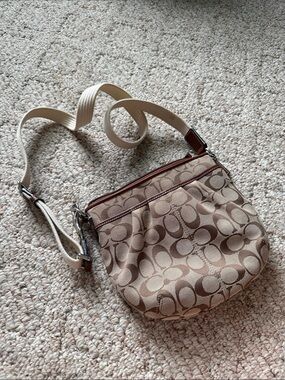 Coach Tan Signature Canvas Crossbody Bag with Ivory Strap